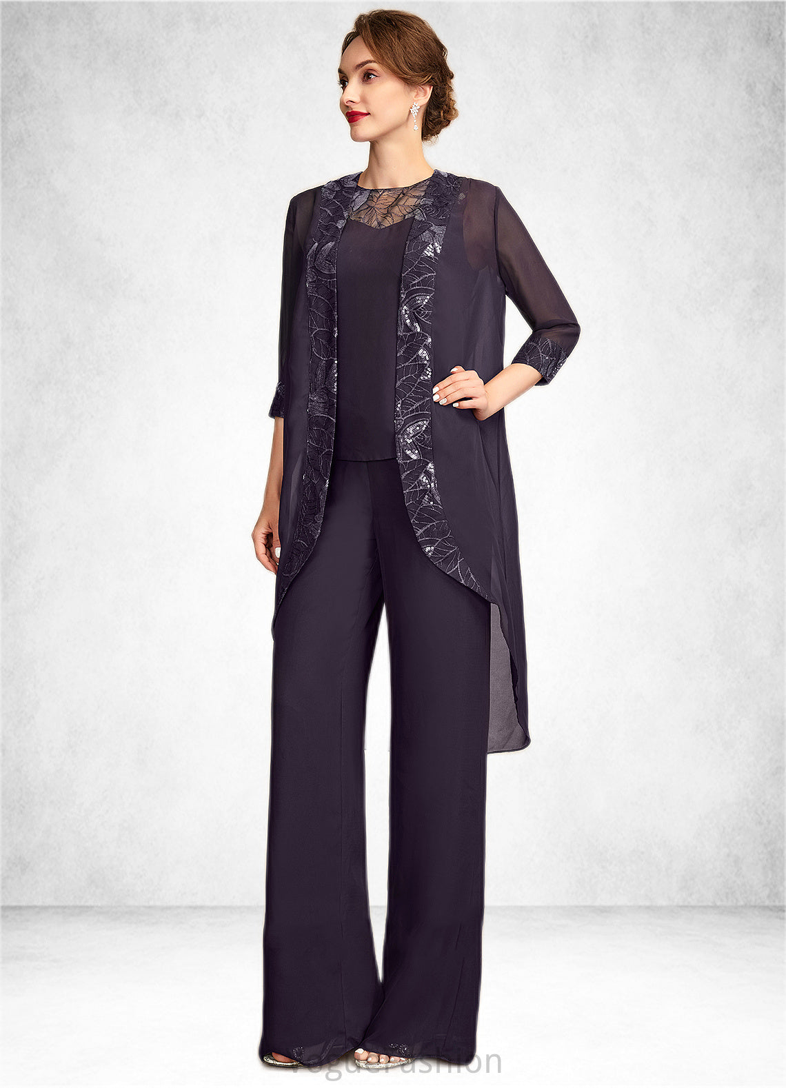 Amanda Jumpsuit/Pantsuit Scoop Neck Floor-Length Chiffon Lace Mother of the Bride Dress With Sequins DK126P0015010