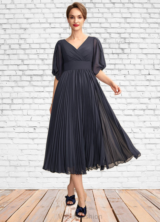 Adelaide A-Line V-neck Tea-Length Chiffon Mother of the Bride Dress With Pleated DK126P0015012