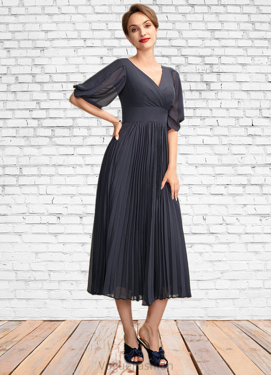 Adelaide A-Line V-neck Tea-Length Chiffon Mother of the Bride Dress With Pleated DK126P0015012