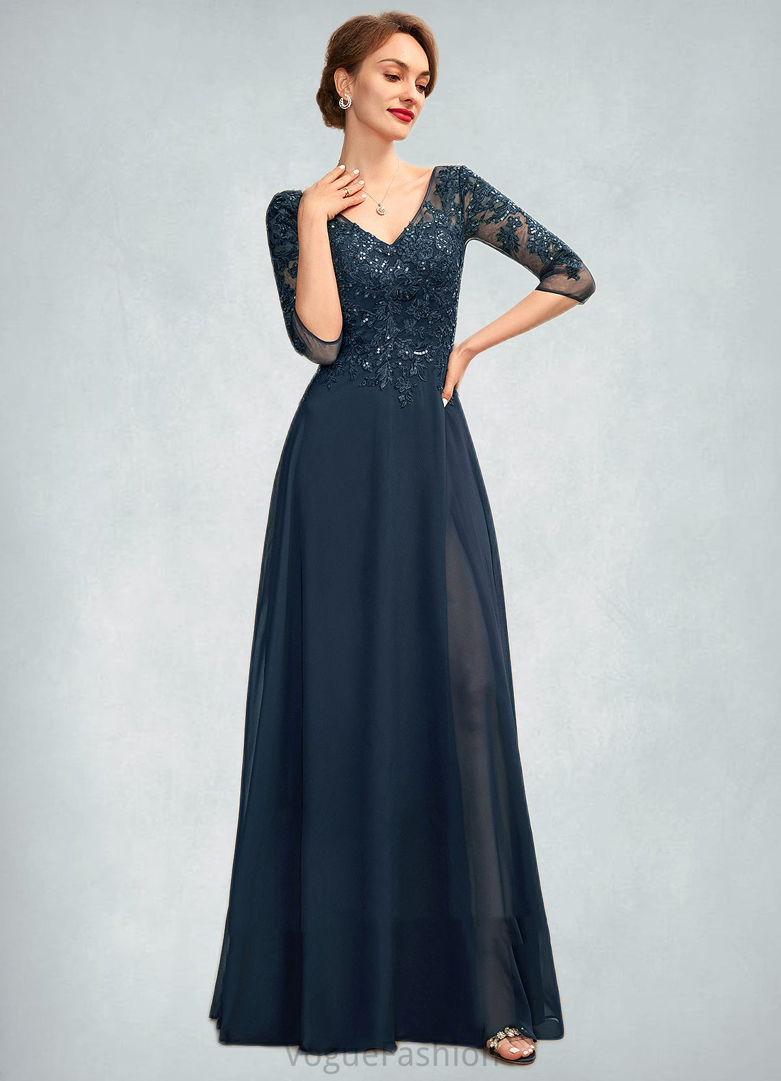 Aliya A-Line V-neck Floor-Length Chiffon Lace Mother of the Bride Dress With Sequins Split Front DK126P0015014