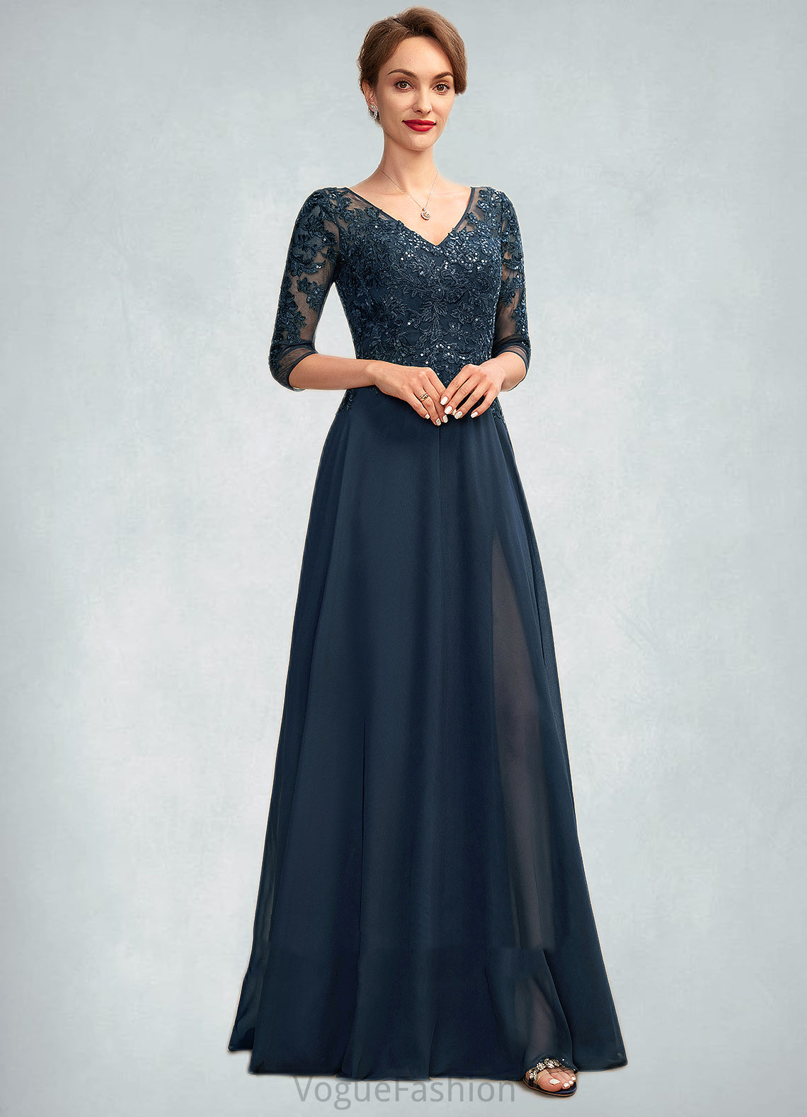 Aliya A-Line V-neck Floor-Length Chiffon Lace Mother of the Bride Dress With Sequins Split Front DK126P0015014