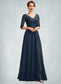 Aliya A-Line V-neck Floor-Length Chiffon Lace Mother of the Bride Dress With Sequins Split Front DK126P0015014