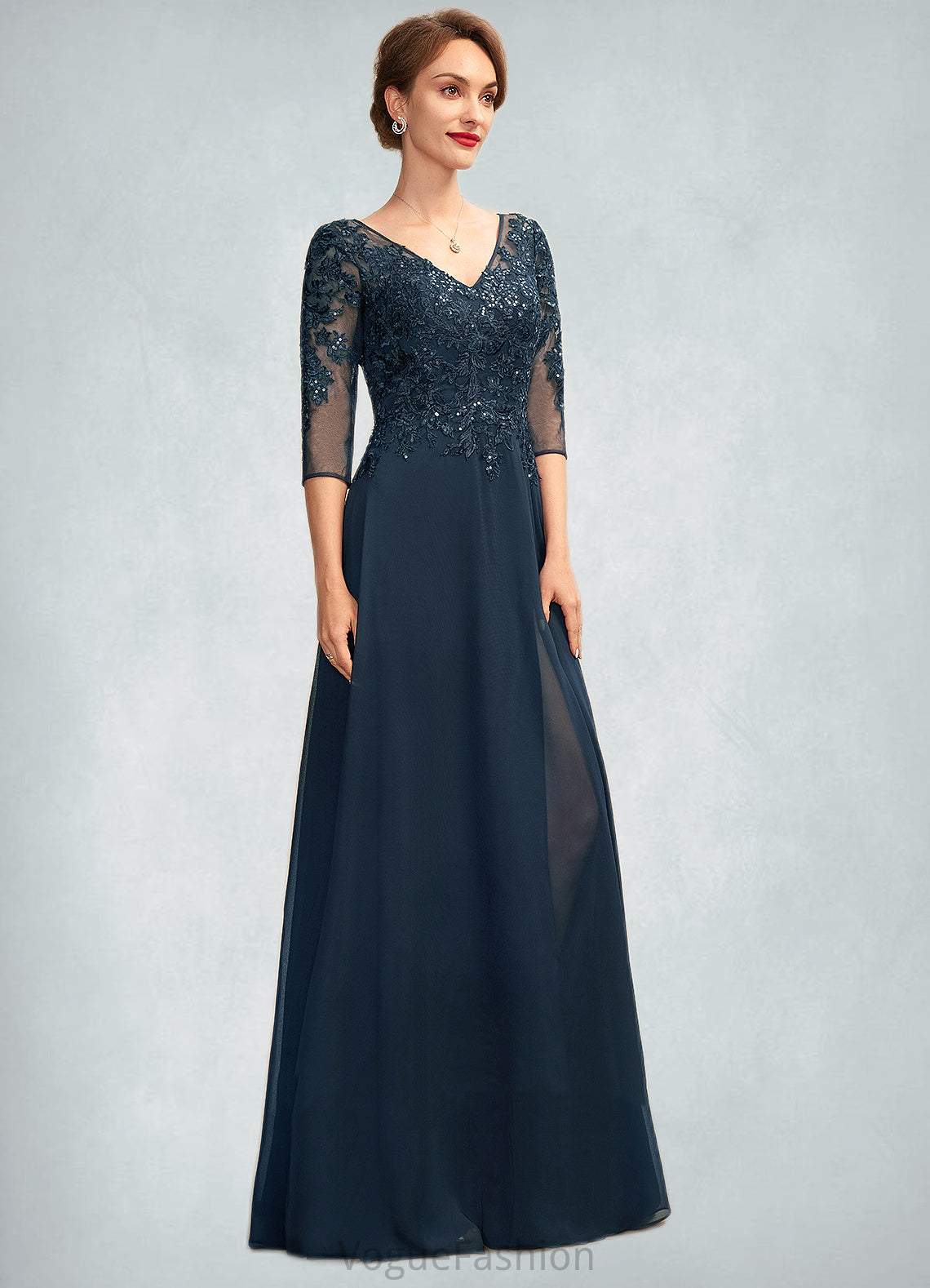 Aliya A-Line V-neck Floor-Length Chiffon Lace Mother of the Bride Dress With Sequins Split Front DK126P0015014