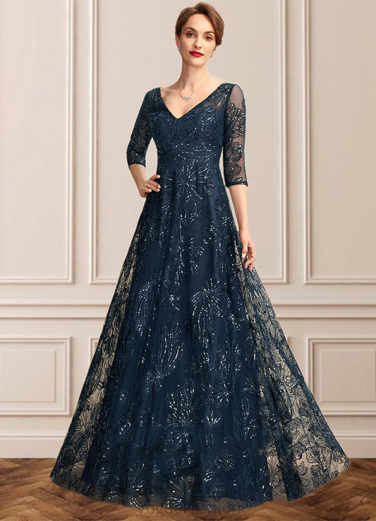 Kelsie A-Line V-neck Floor-Length Lace Mother of the Bride Dress With Sequins DK126P0015015