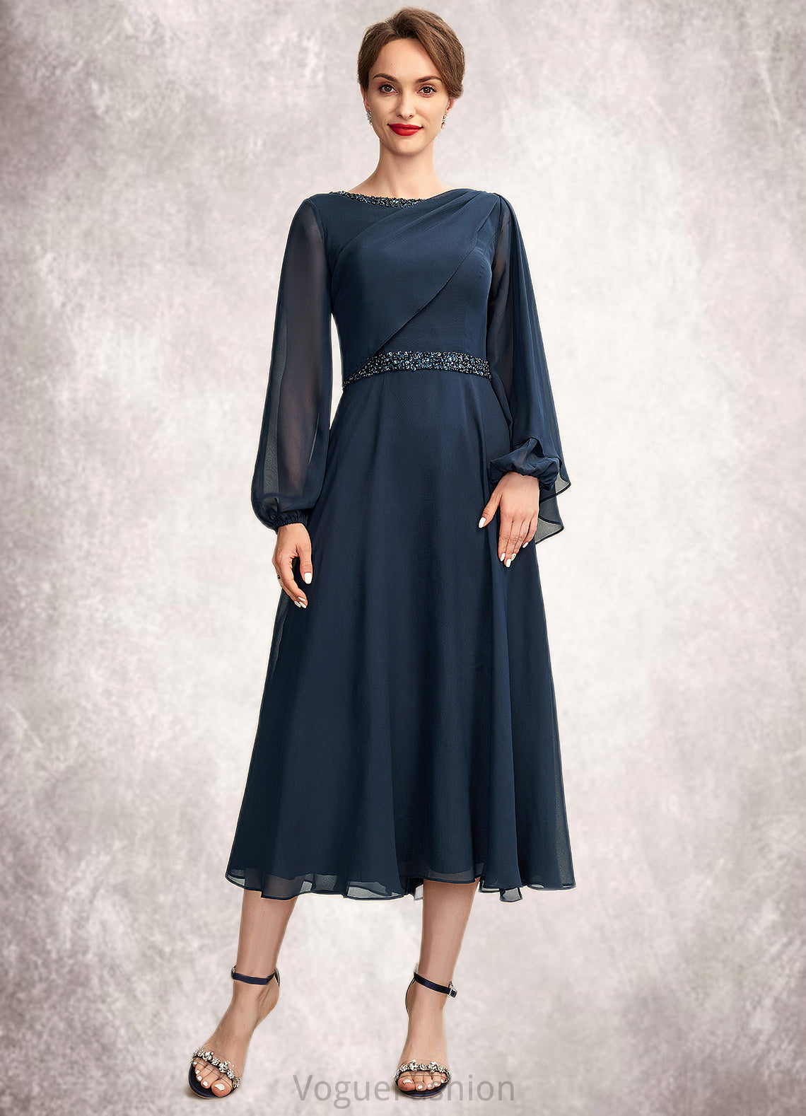 Nora A-Line Scoop Neck Tea-Length Chiffon Mother of the Bride Dress With Beading Sequins DK126P0015018