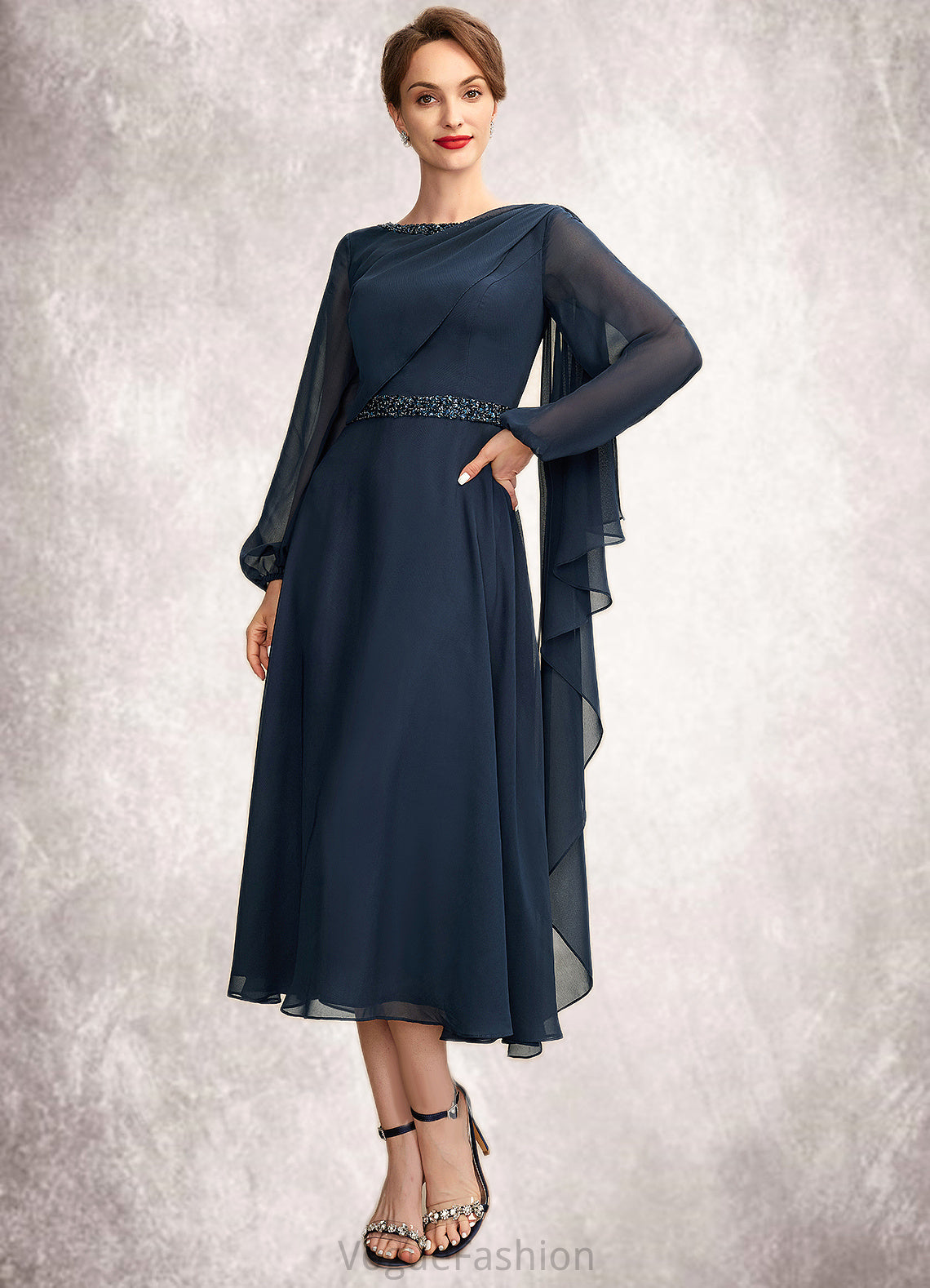 Nora A-Line Scoop Neck Tea-Length Chiffon Mother of the Bride Dress With Beading Sequins DK126P0015018