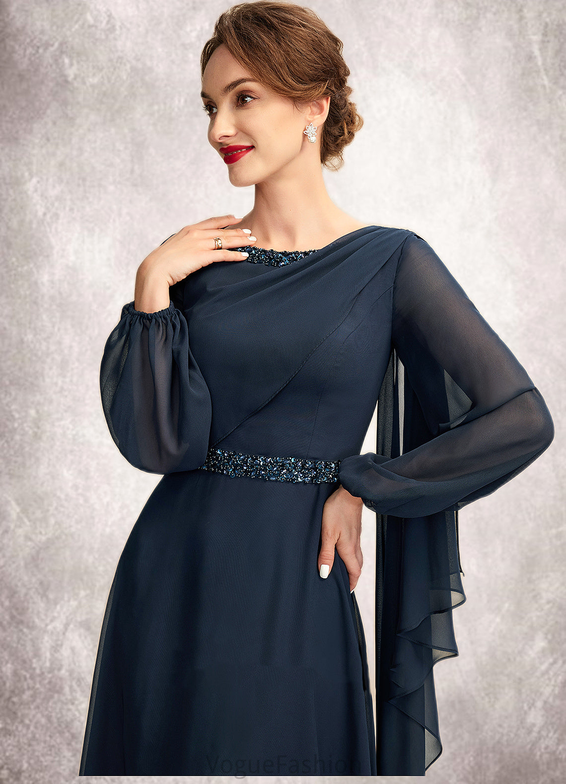 Nora A-Line Scoop Neck Tea-Length Chiffon Mother of the Bride Dress With Beading Sequins DK126P0015018