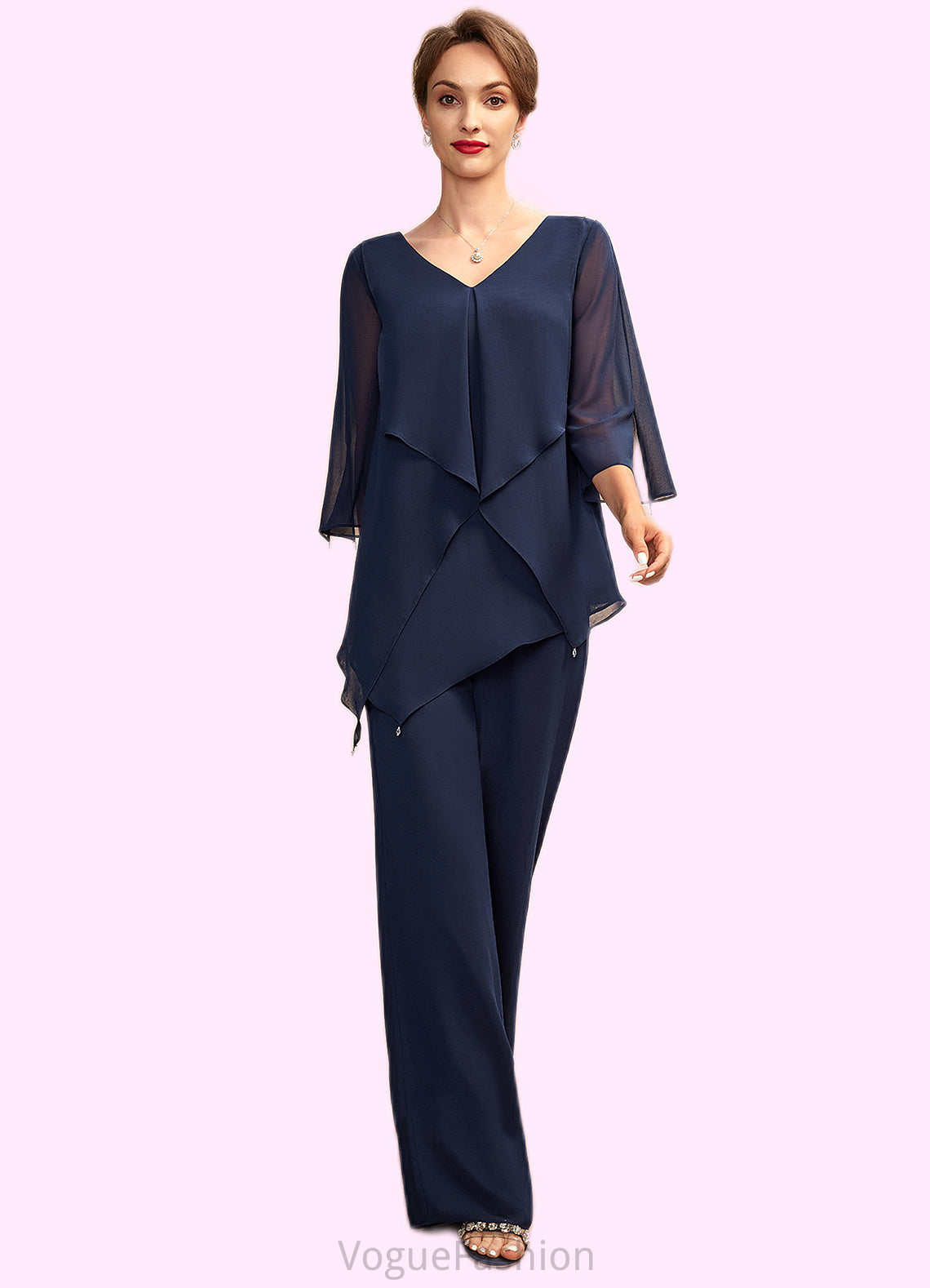 Jasmine Jumpsuit/Pantsuit V-neck Floor-Length Chiffon Mother of the Bride Dress With Cascading Ruffles DK126P0015019