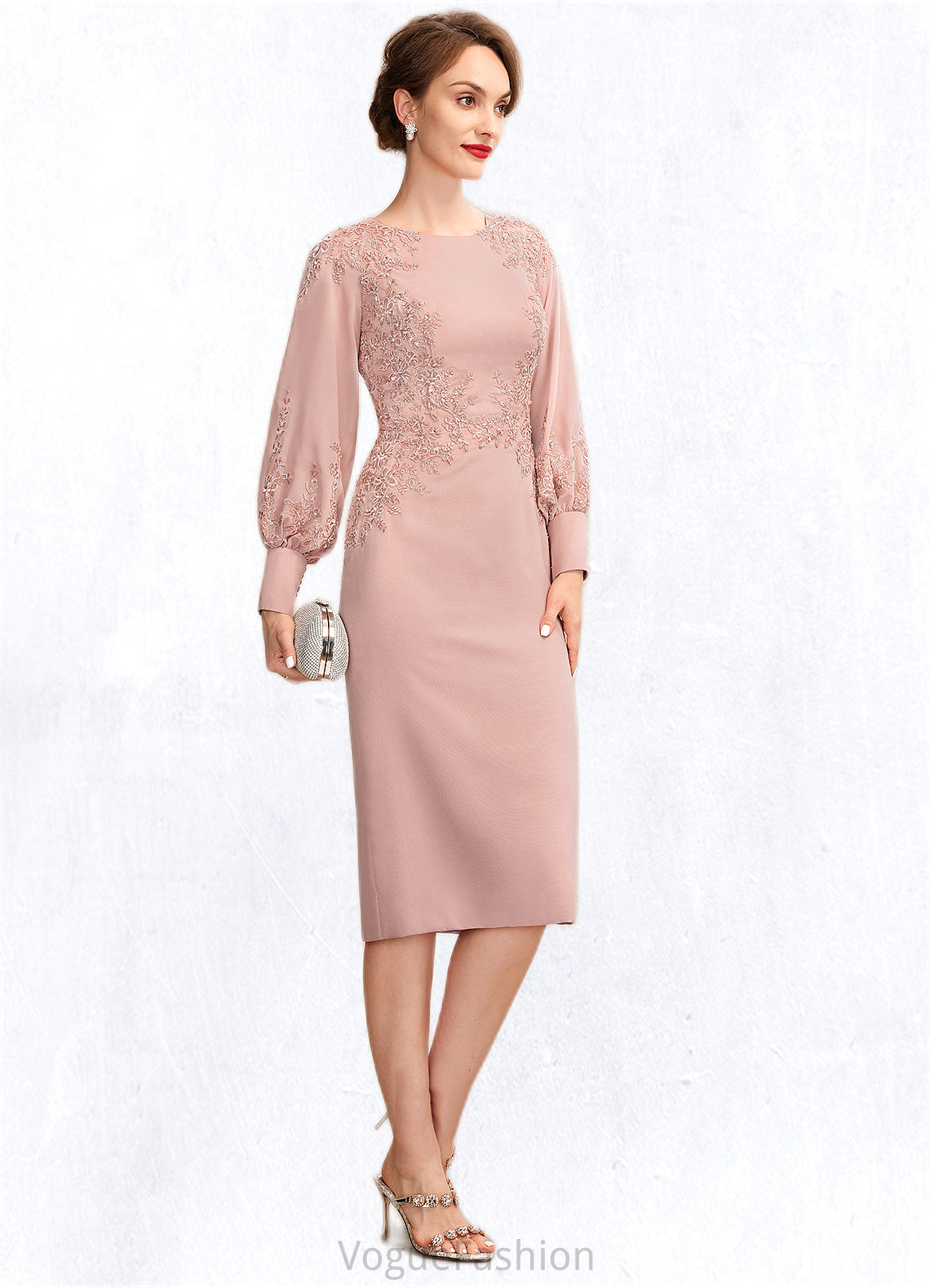 Nyasia Sheath/Column Scoop Neck Knee-Length Chiffon Lace Mother of the Bride Dress With Beading Sequins DK126P0015020