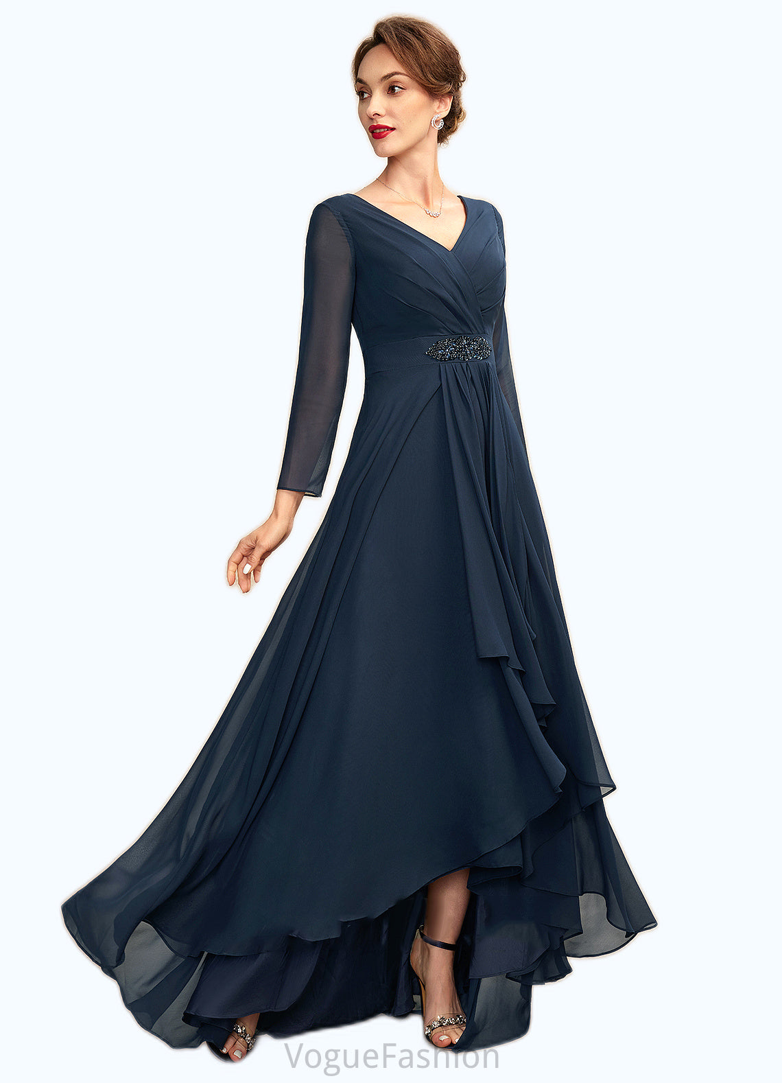 Addisyn A-Line V-neck Asymmetrical Chiffon Mother of the Bride Dress With Ruffle Beading Bow(s) DK126P0015021