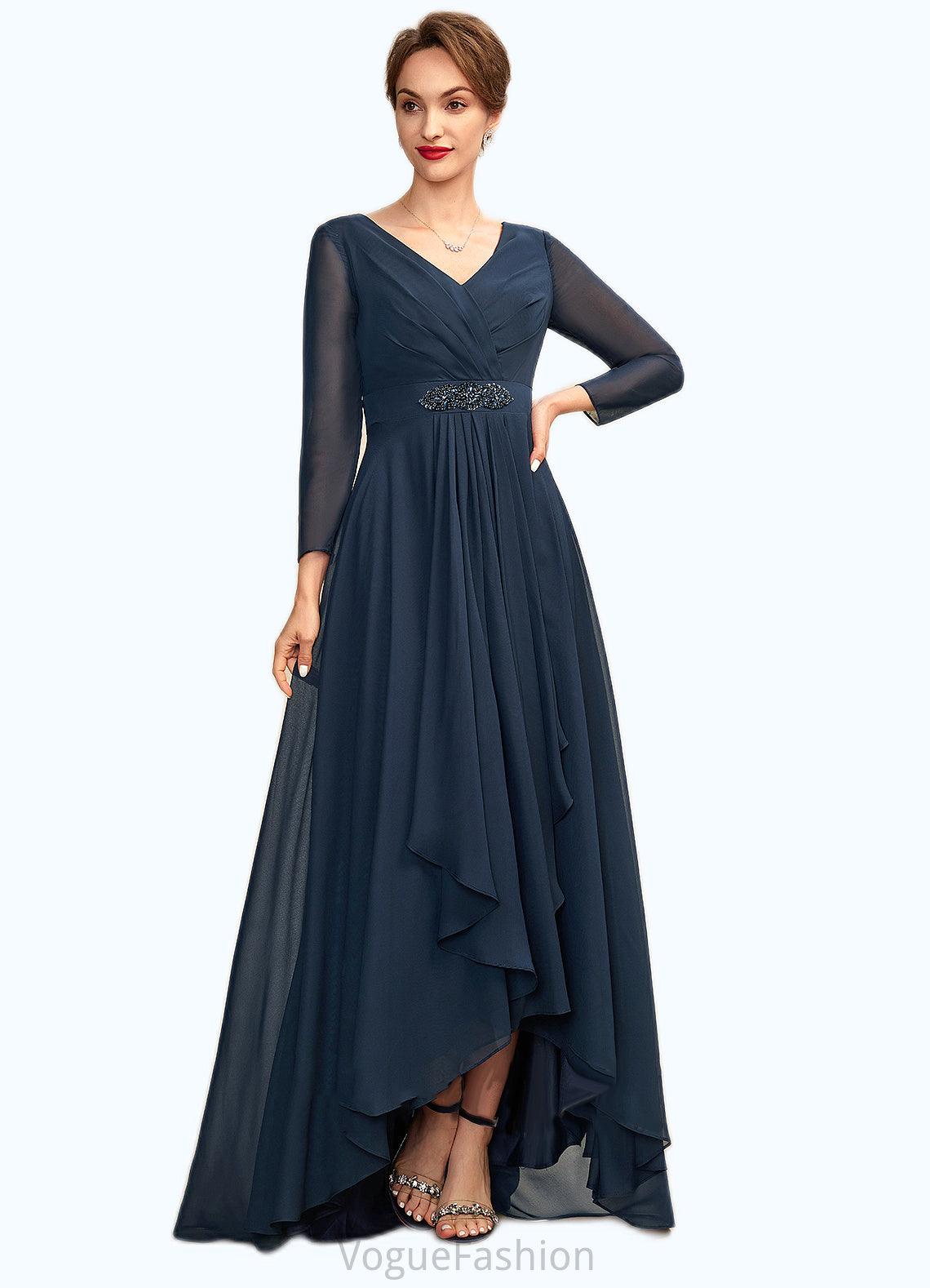 Addisyn A-Line V-neck Asymmetrical Chiffon Mother of the Bride Dress With Ruffle Beading Bow(s) DK126P0015021