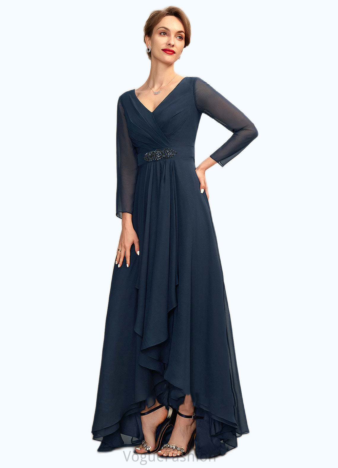 Addisyn A-Line V-neck Asymmetrical Chiffon Mother of the Bride Dress With Ruffle Beading Bow(s) DK126P0015021