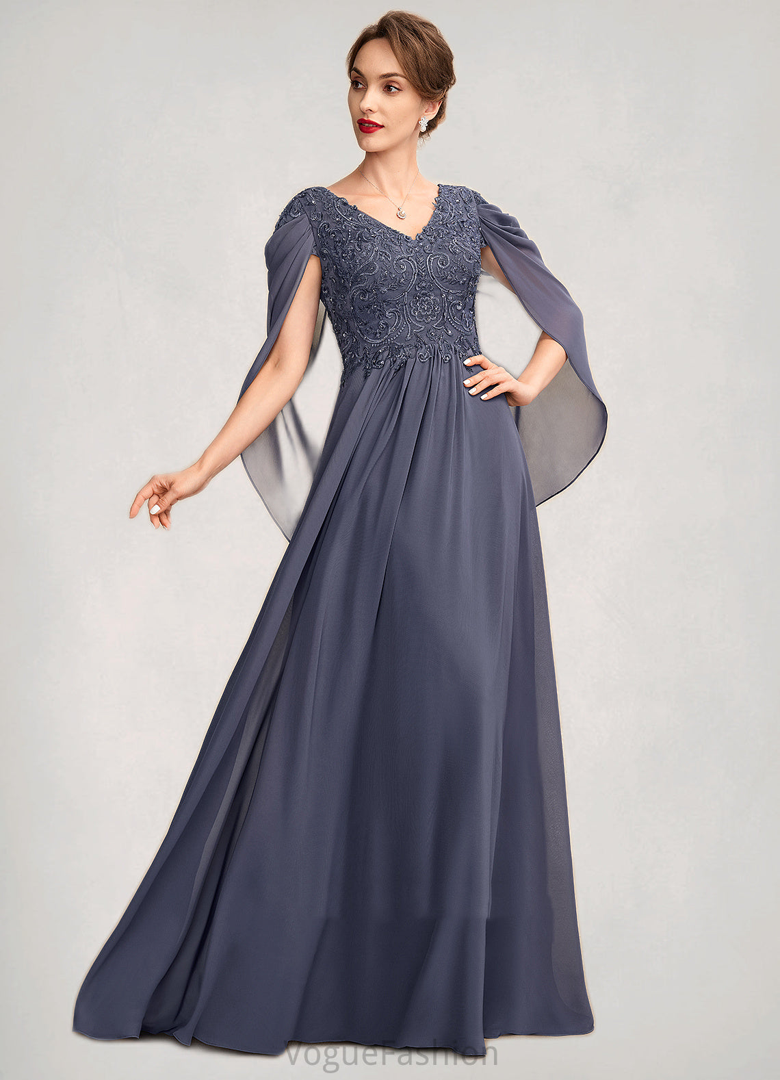 Lilian A-Line V-neck Floor-Length Chiffon Lace Mother of the Bride Dress With Beading Sequins DK126P0015022