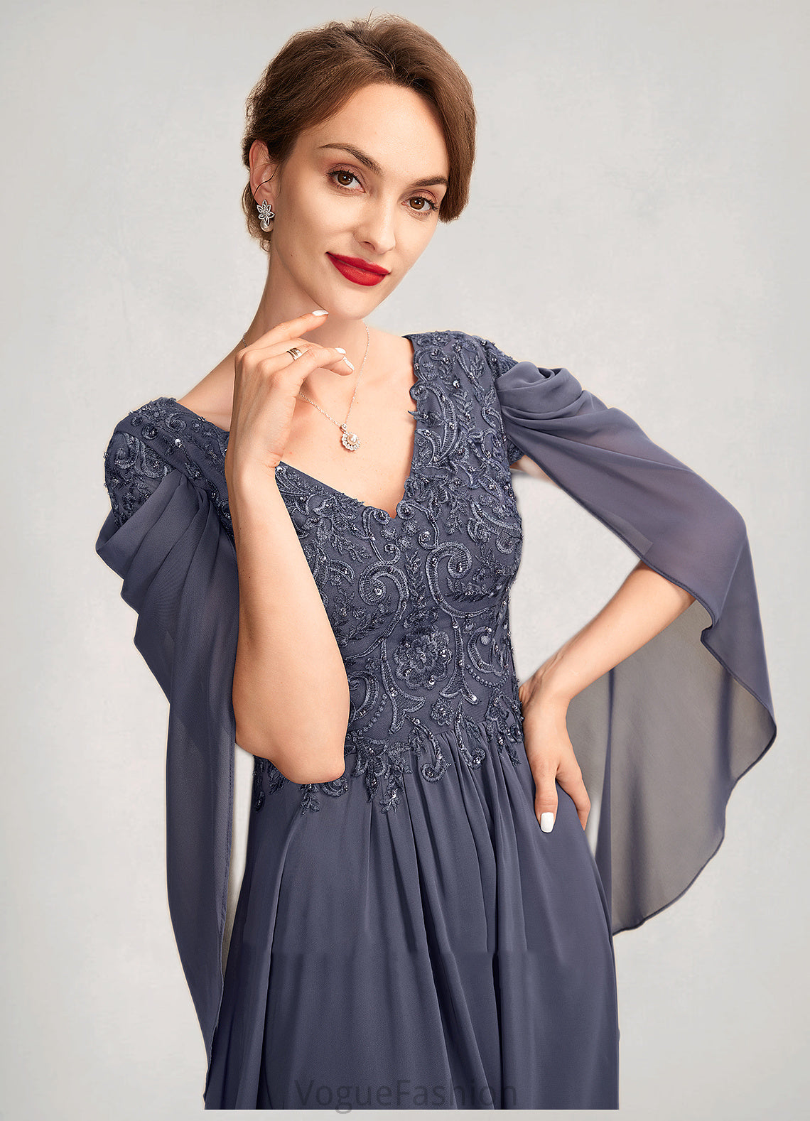 Lilian A-Line V-neck Floor-Length Chiffon Lace Mother of the Bride Dress With Beading Sequins DK126P0015022