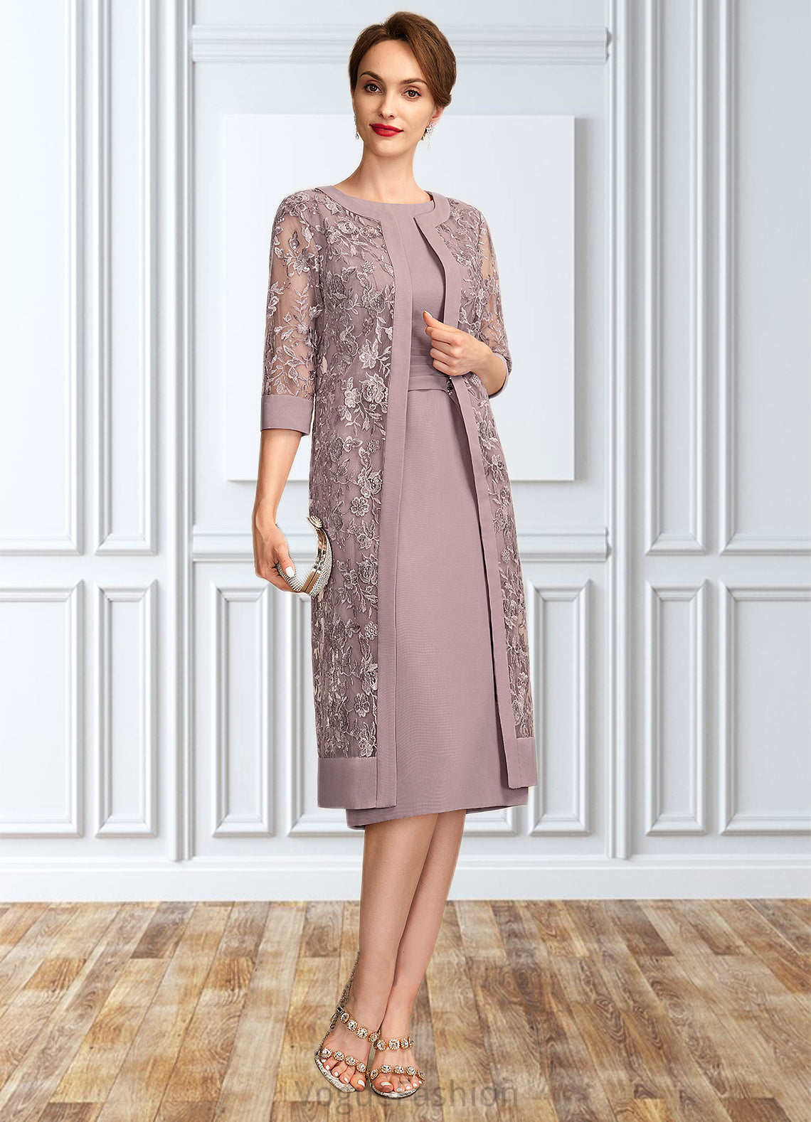 Emma Sheath/Column Scoop Neck Knee-Length Chiffon Mother of the Bride Dress With Ruffle Sequins DK126P0015023