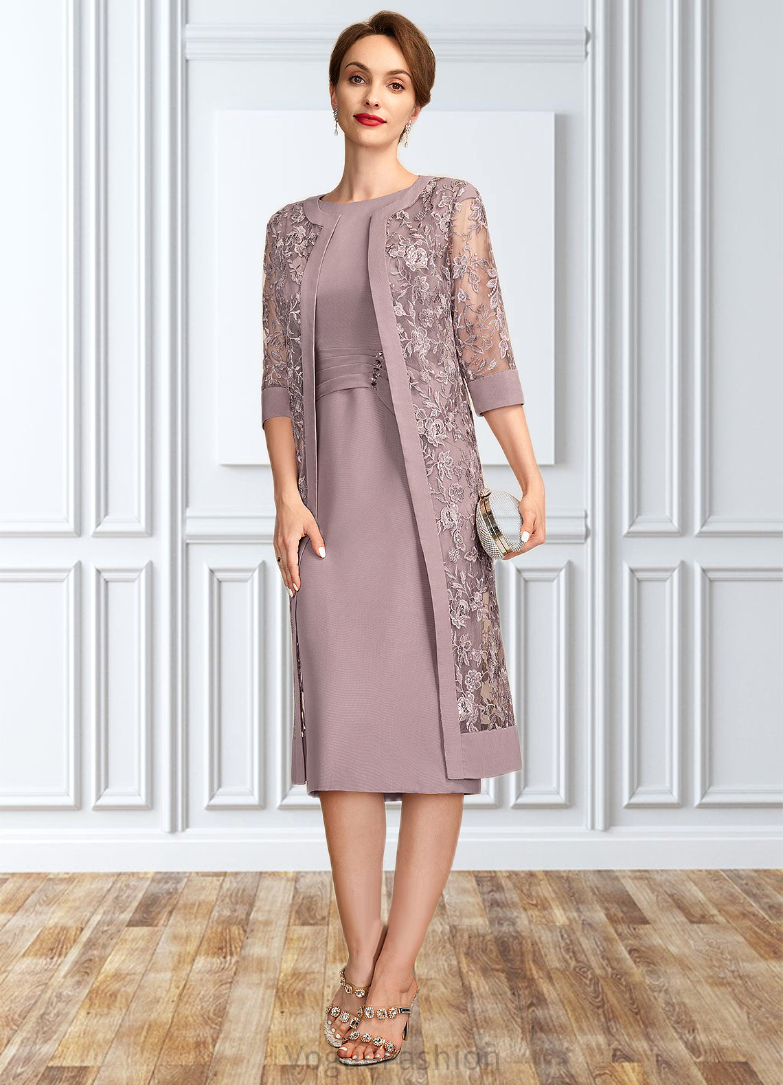 Emma Sheath/Column Scoop Neck Knee-Length Chiffon Mother of the Bride Dress With Ruffle Sequins DK126P0015023