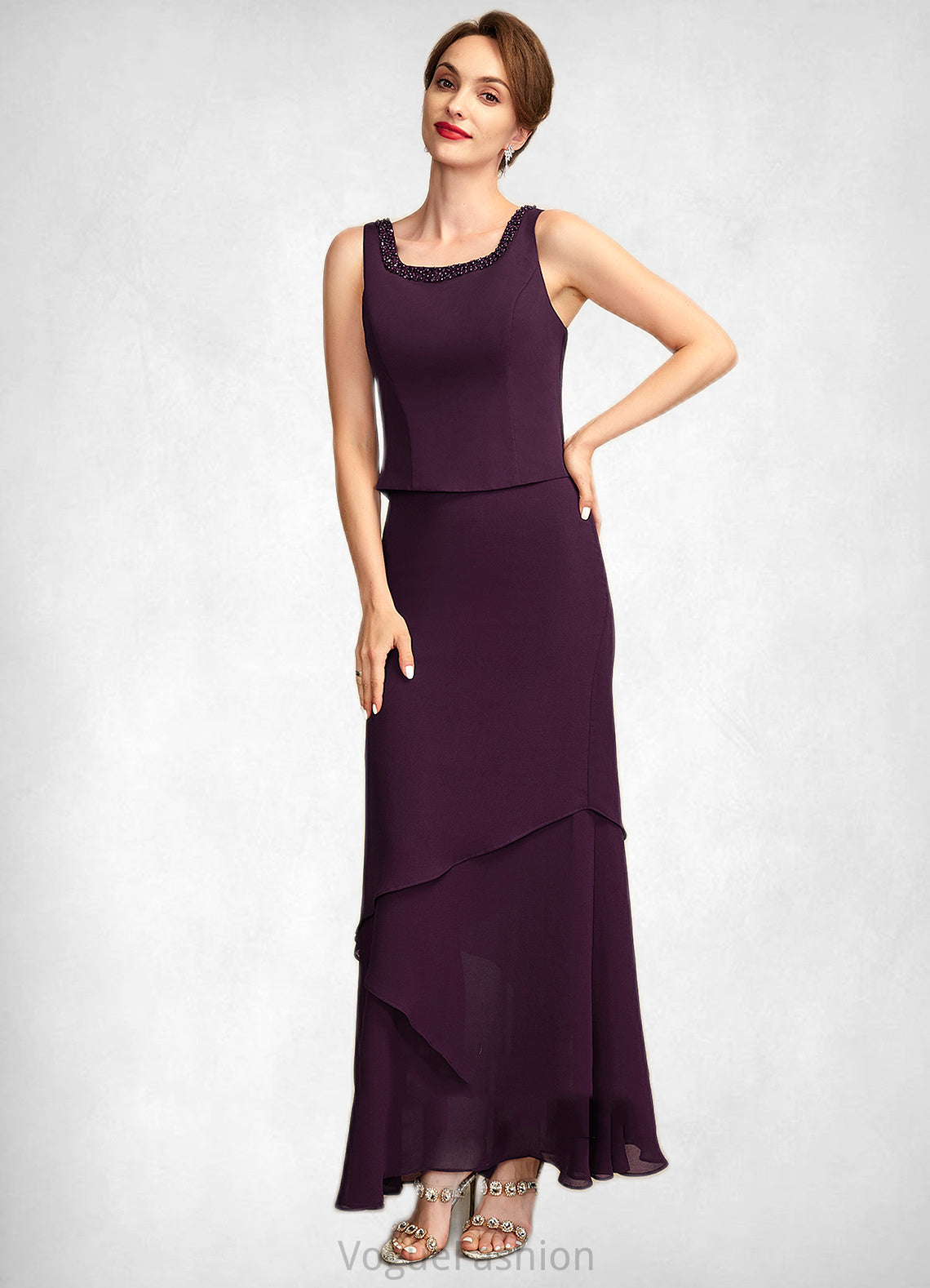 Bria Sheath/Column Scoop Neck Ankle-Length Chiffon Mother of the Bride Dress With Beading Sequins DK126P0015024