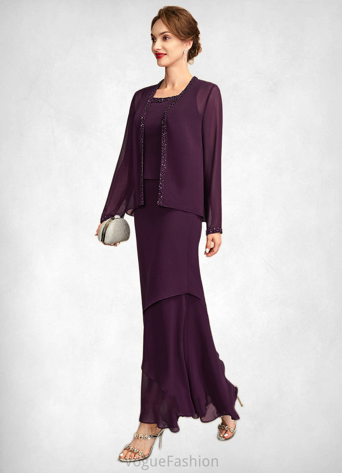 Bria Sheath/Column Scoop Neck Ankle-Length Chiffon Mother of the Bride Dress With Beading Sequins DK126P0015024