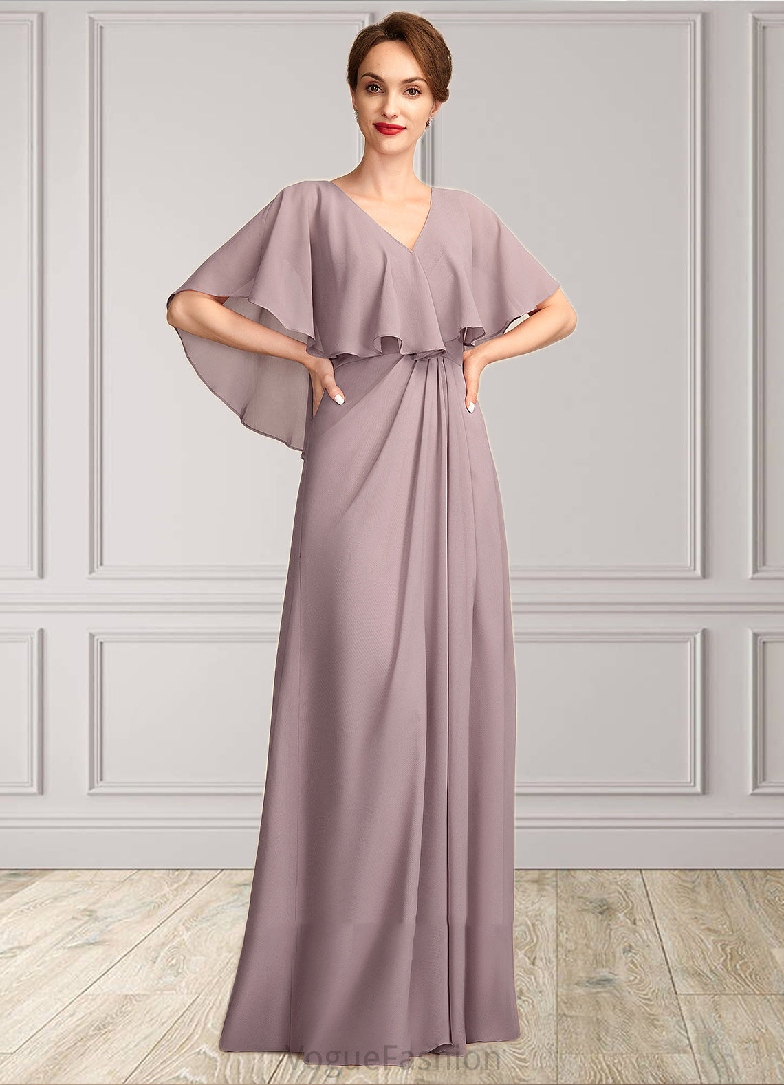 Daniela A-Line V-neck Floor-Length Chiffon Mother of the Bride Dress With Ruffle DK126P0015026