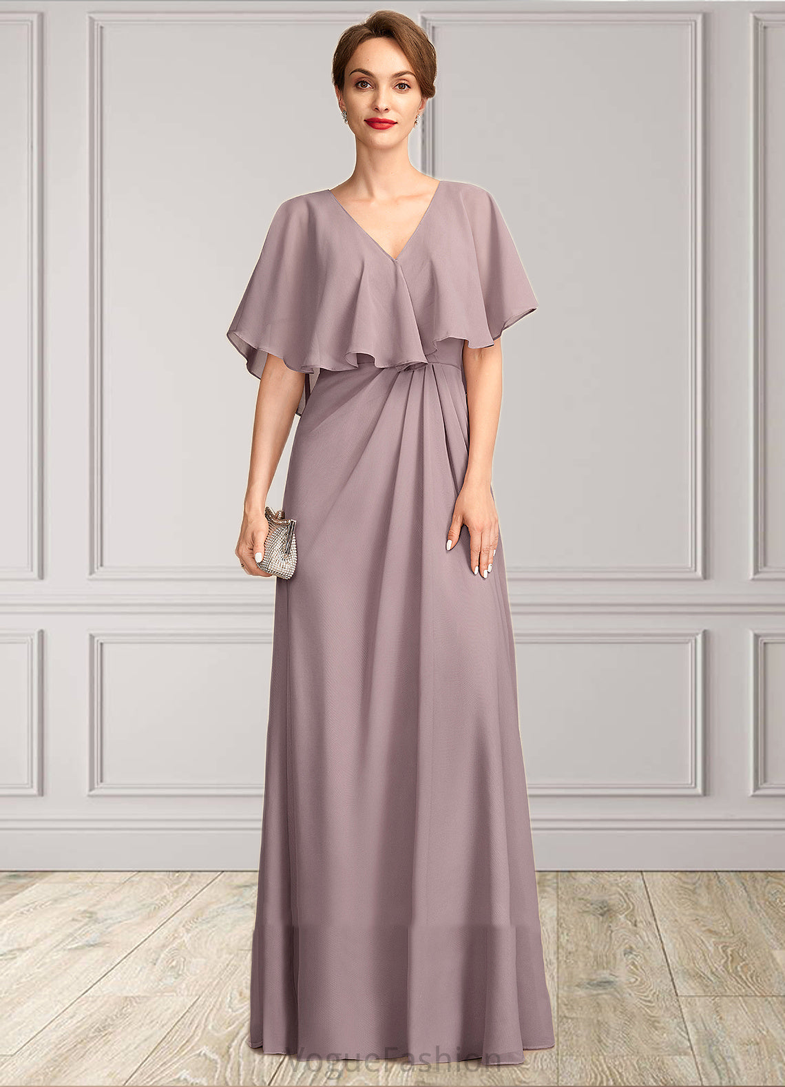 Daniela A-Line V-neck Floor-Length Chiffon Mother of the Bride Dress With Ruffle DK126P0015026