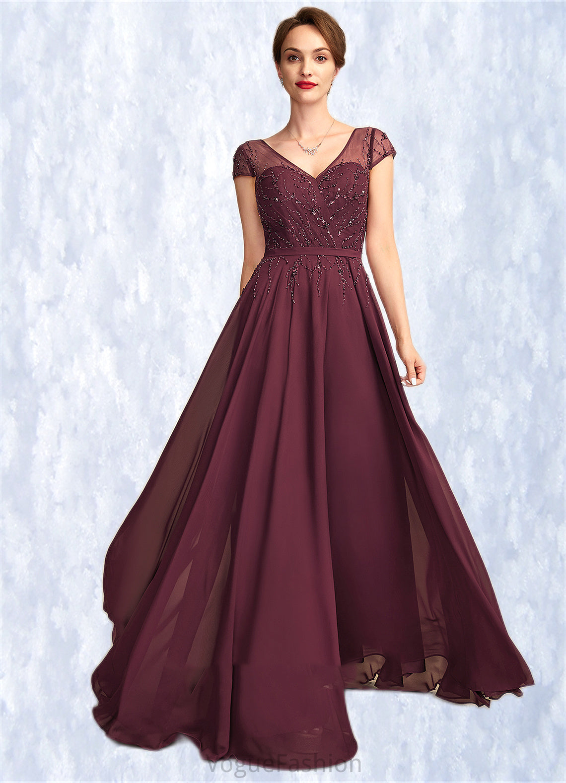 Josephine A-Line V-neck Floor-Length Chiffon Mother of the Bride Dress With Beading Sequins DK126P0015028