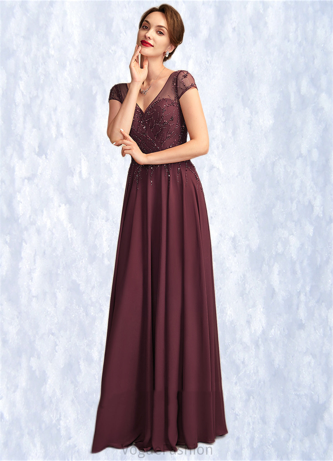 Josephine A-Line V-neck Floor-Length Chiffon Mother of the Bride Dress With Beading Sequins DK126P0015028