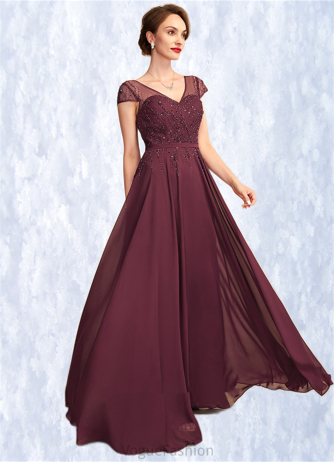 Josephine A-Line V-neck Floor-Length Chiffon Mother of the Bride Dress With Beading Sequins DK126P0015028