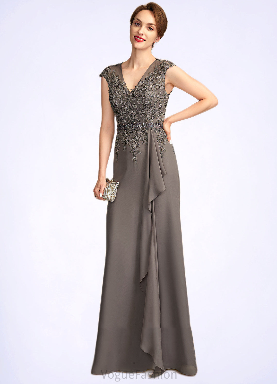 Scarlett A-Line V-neck Floor-Length Chiffon Lace Mother of the Bride Dress With Beading Sequins Cascading Ruffles DK126P0015030