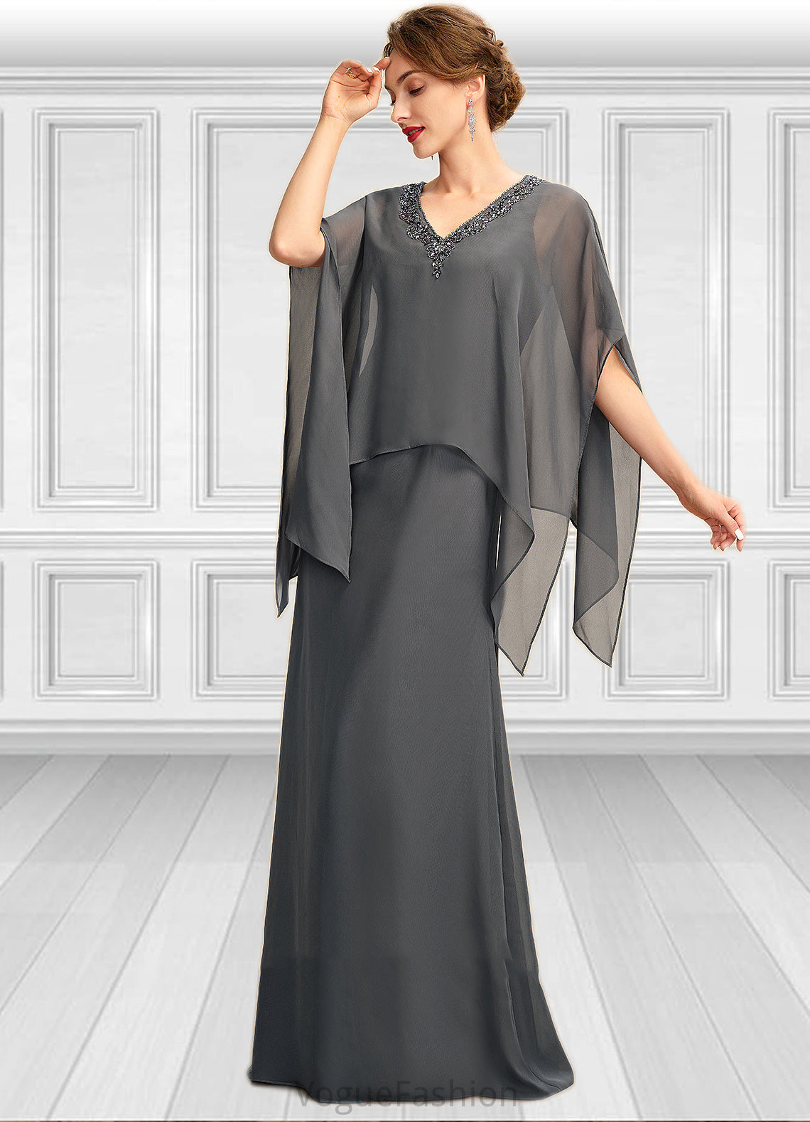 Ida A-line V-Neck Floor-Length Chiffon Mother of the Bride Dress With Beading Sequins DK126P0015031