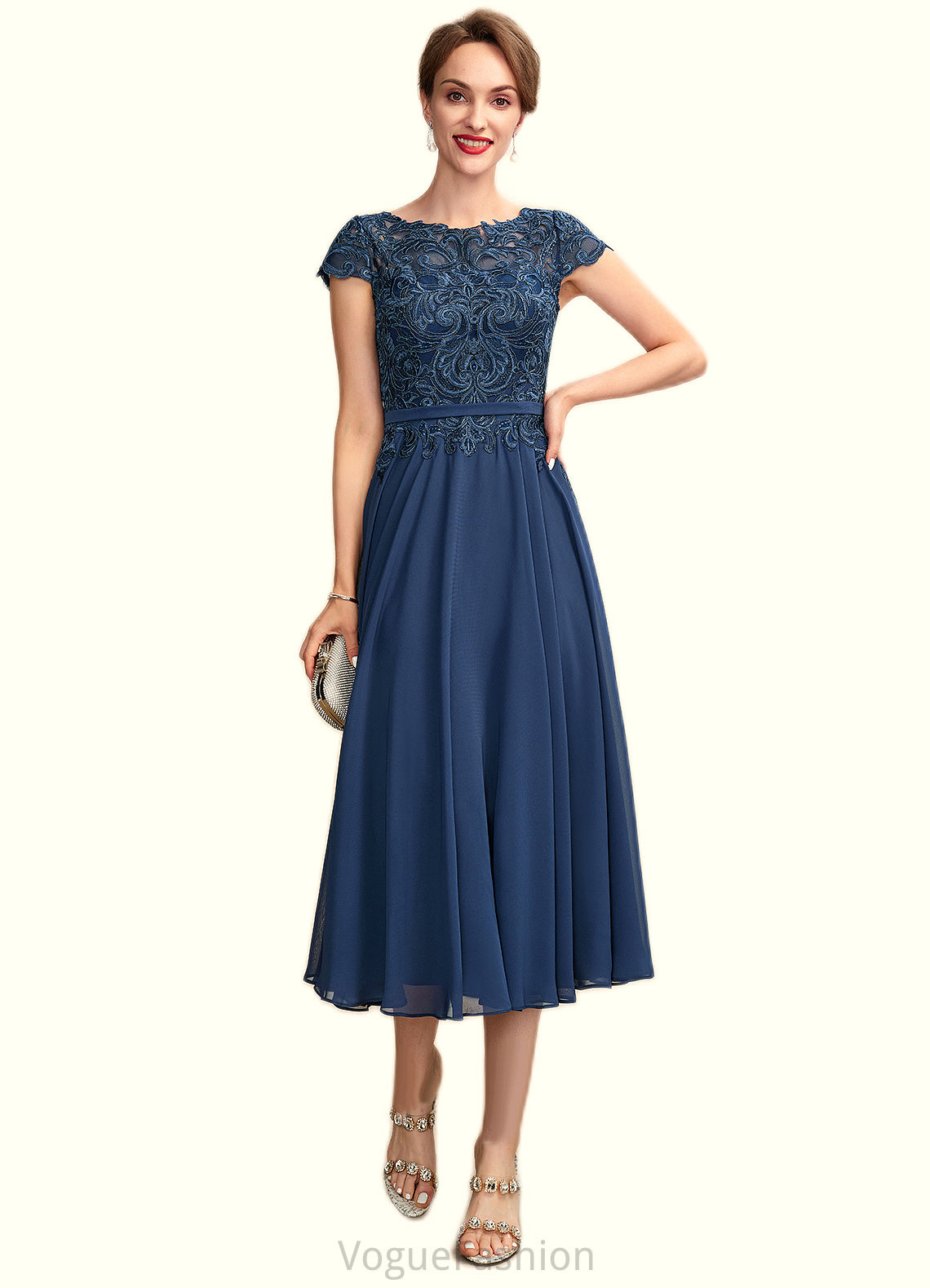 Rayne A-Line Scoop Neck Tea-Length Chiffon Lace Mother of the Bride Dress DK126P0015032