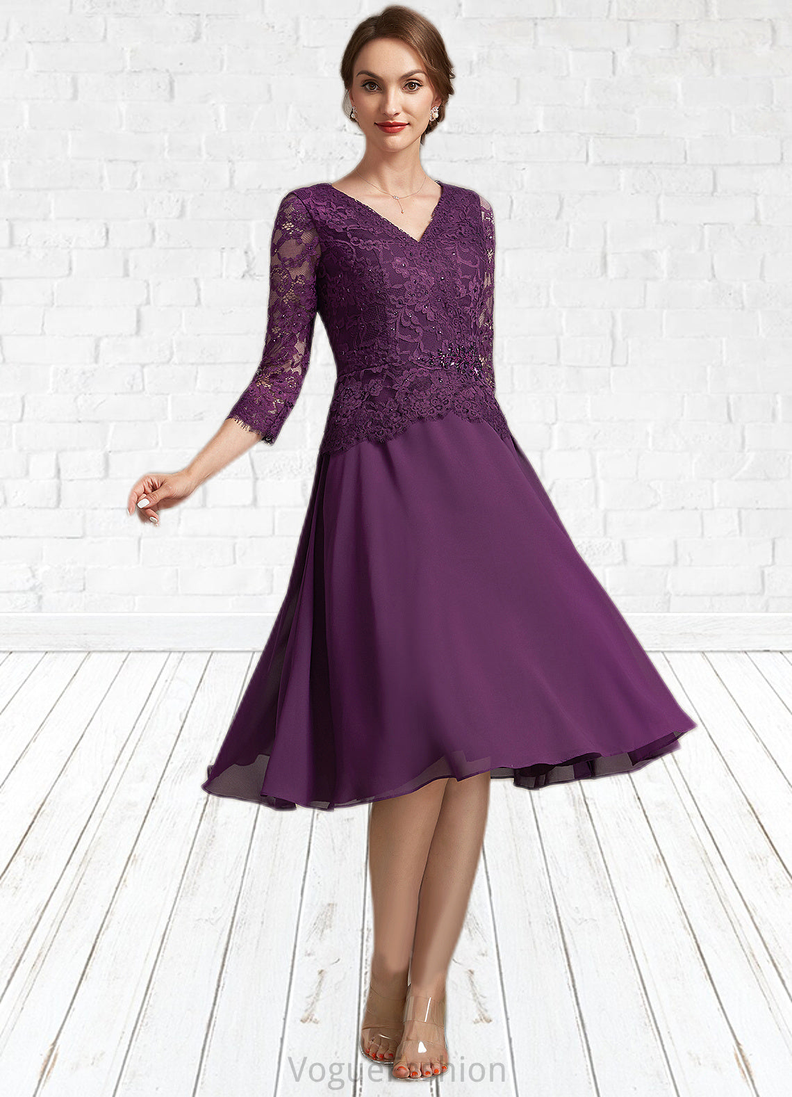 Audrey A-Line V-neck Knee-Length Chiffon Lace Mother of the Bride Dress With Beading Sequins DK126P0015035