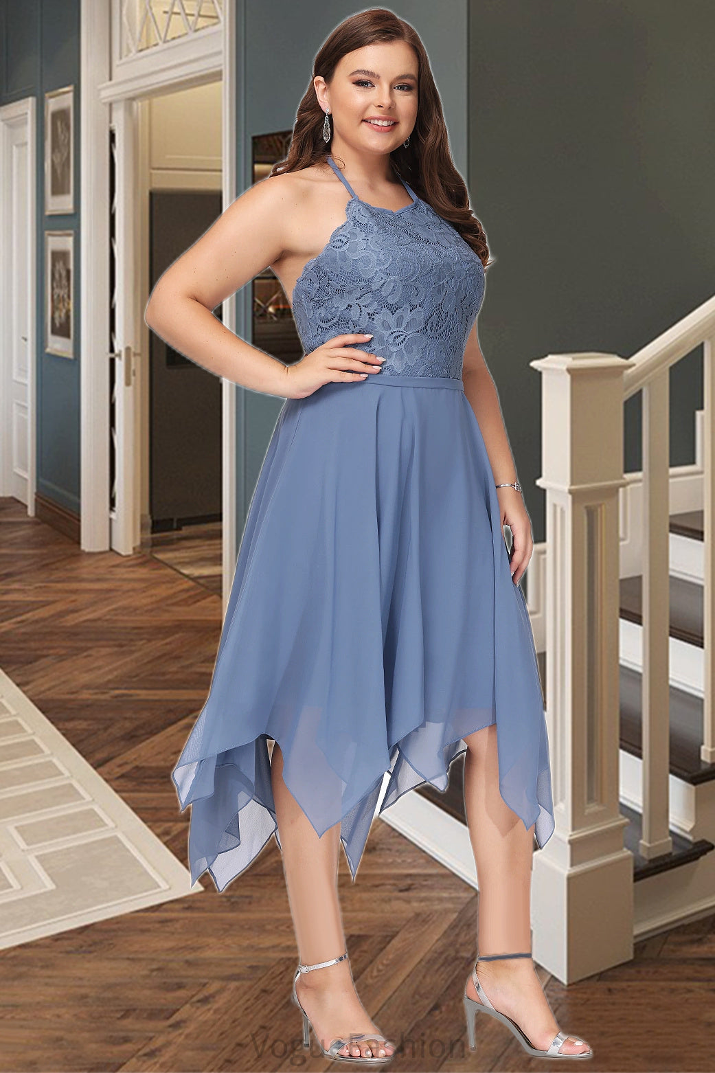 Gabriella A-line Halter Asymmetrical Chiffon Lace Homecoming Dress DKP0020561