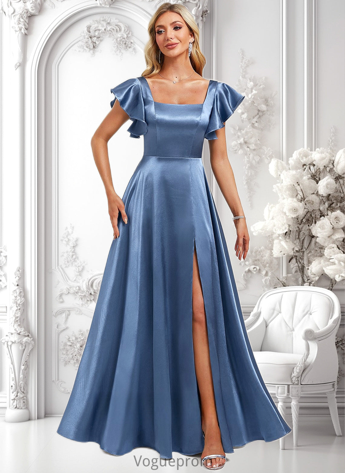 Anya A-line Square Floor-Length Stretch Satin Bridesmaid Dress With Ruffle DKP0025769