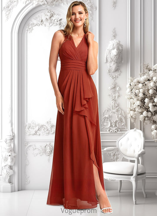 Emerson A-line V-Neck Floor-Length Chiffon Bridesmaid Dress With Ruffle DKP0025754