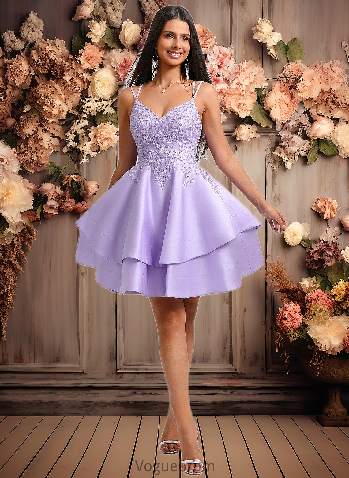 Londyn A-line V-Neck Short Satin Homecoming Dress With Appliques Lace DKP0025692