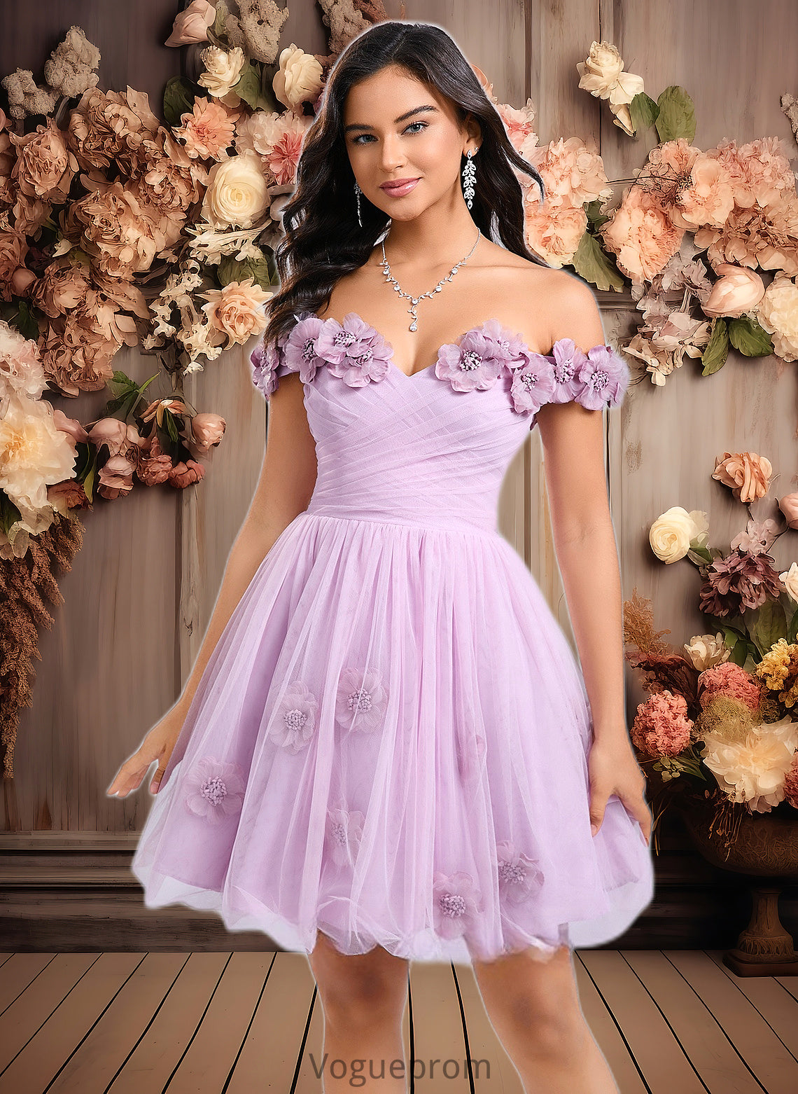 Penelope Ball-Gown/Princess Off the Shoulder Short Tulle Homecoming Dress With Pleated Flower DKP0025668