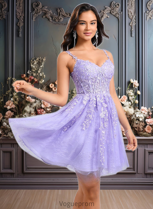 Deja A-line V-Neck Short Tulle Lace Homecoming Dress DKP0025640