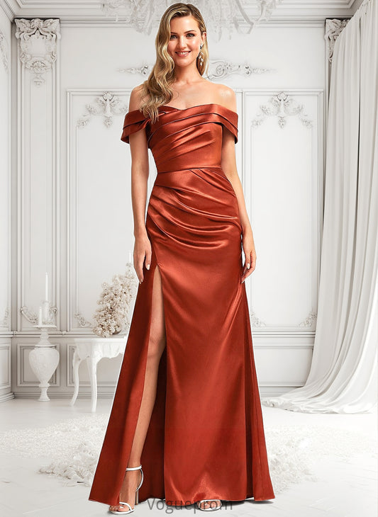 Aubrie A-line Off the Shoulder Floor-Length Stretch Satin Bridesmaid Dress DKP0025757