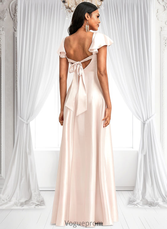 Hailie A-line V-Neck Floor-Length Stretch Satin Bridesmaid Dress With Bow DKP0025759