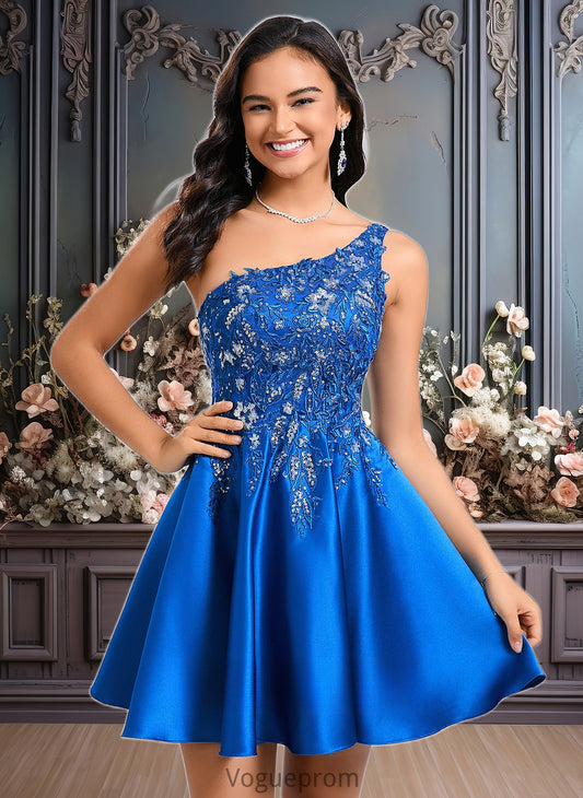 Addisyn A-line One Shoulder Short Satin Homecoming Dress With Appliques Lace Sequins DKP0025657