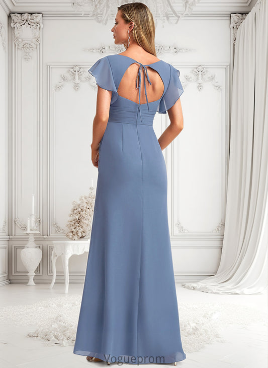 Presley A-line V-Neck Floor-Length Chiffon Bridesmaid Dress With Ruffle DKP0025729