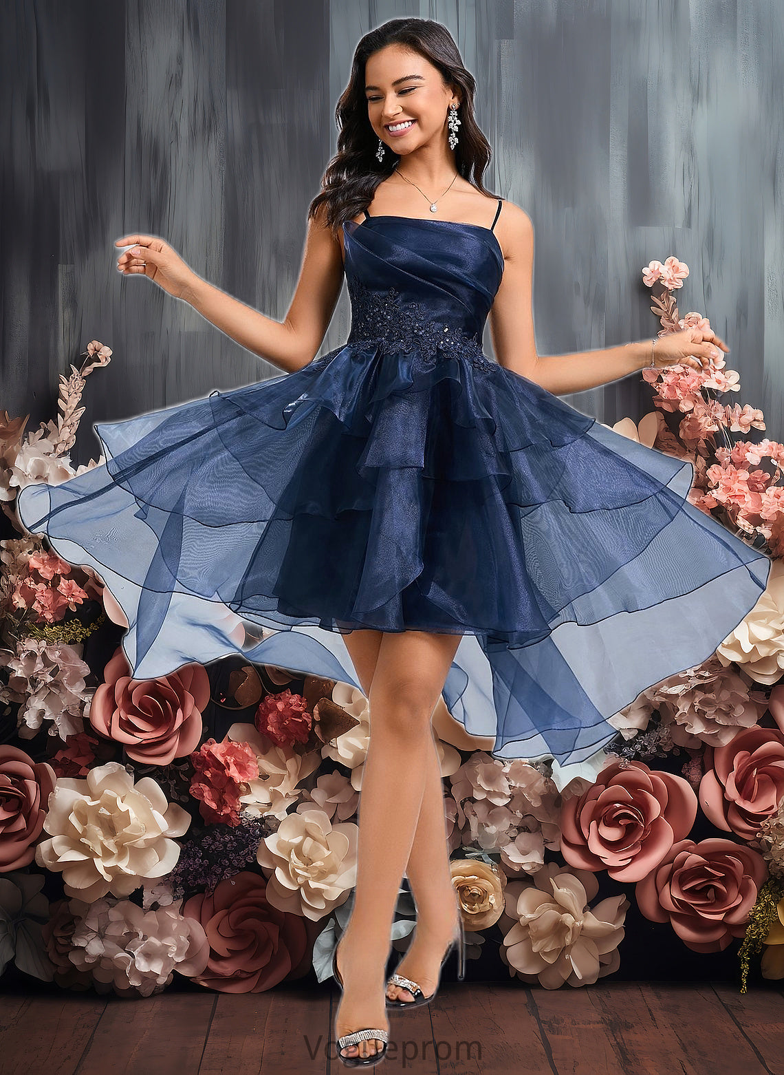 Sanaa Ball-Gown/Princess Straight Asymmetrical Organza Homecoming Dress With Sequins Appliques Lace DKP0025652