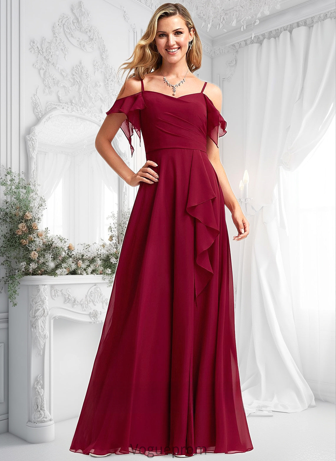 Trudie A-line Cold Shoulder Floor-Length Chiffon Bridesmaid Dress With Ruffle DKP0025755