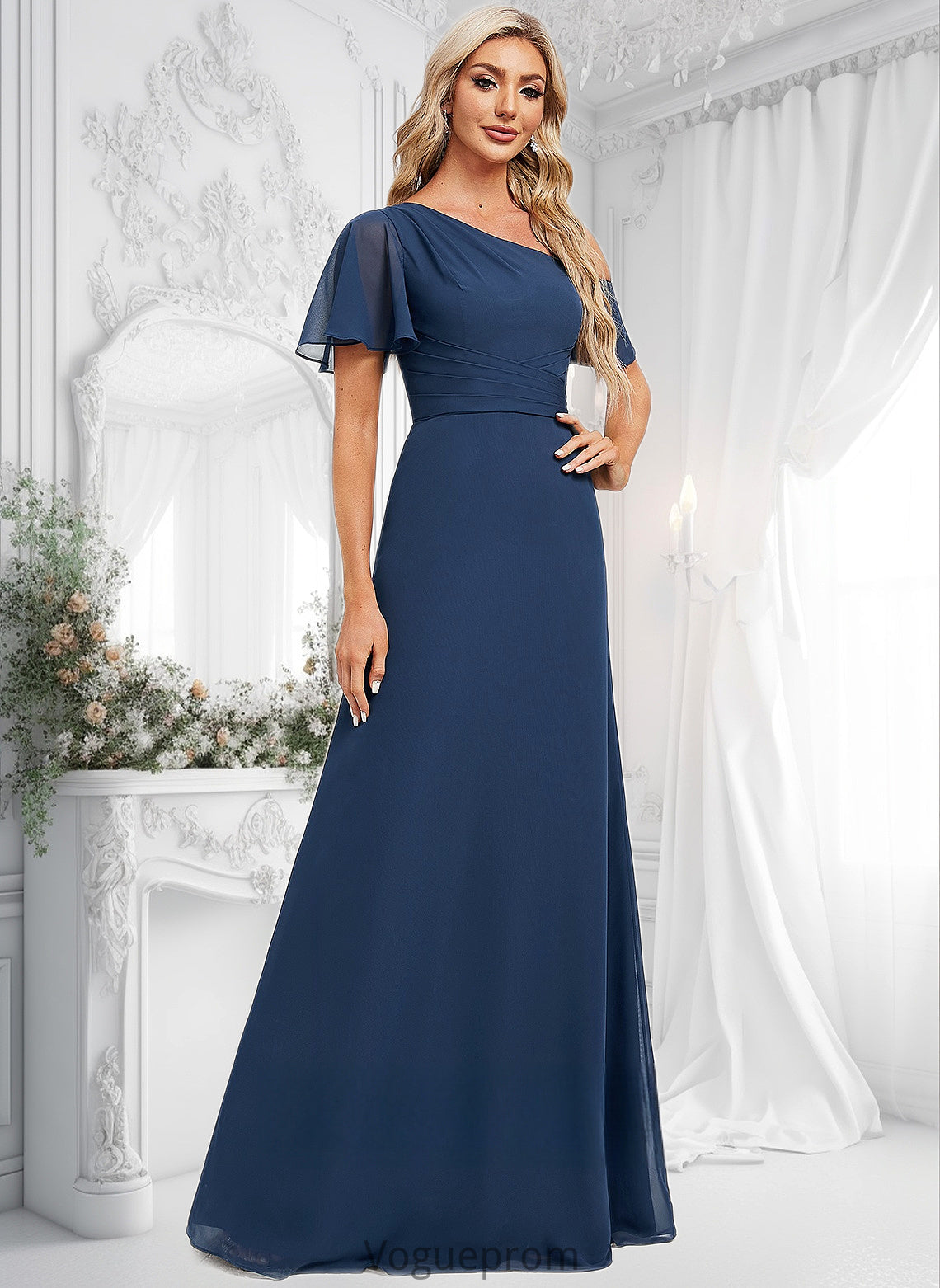 Larissa A-line Asymmetrical Floor-Length Chiffon Bridesmaid Dress With Ruffle DKP0025801