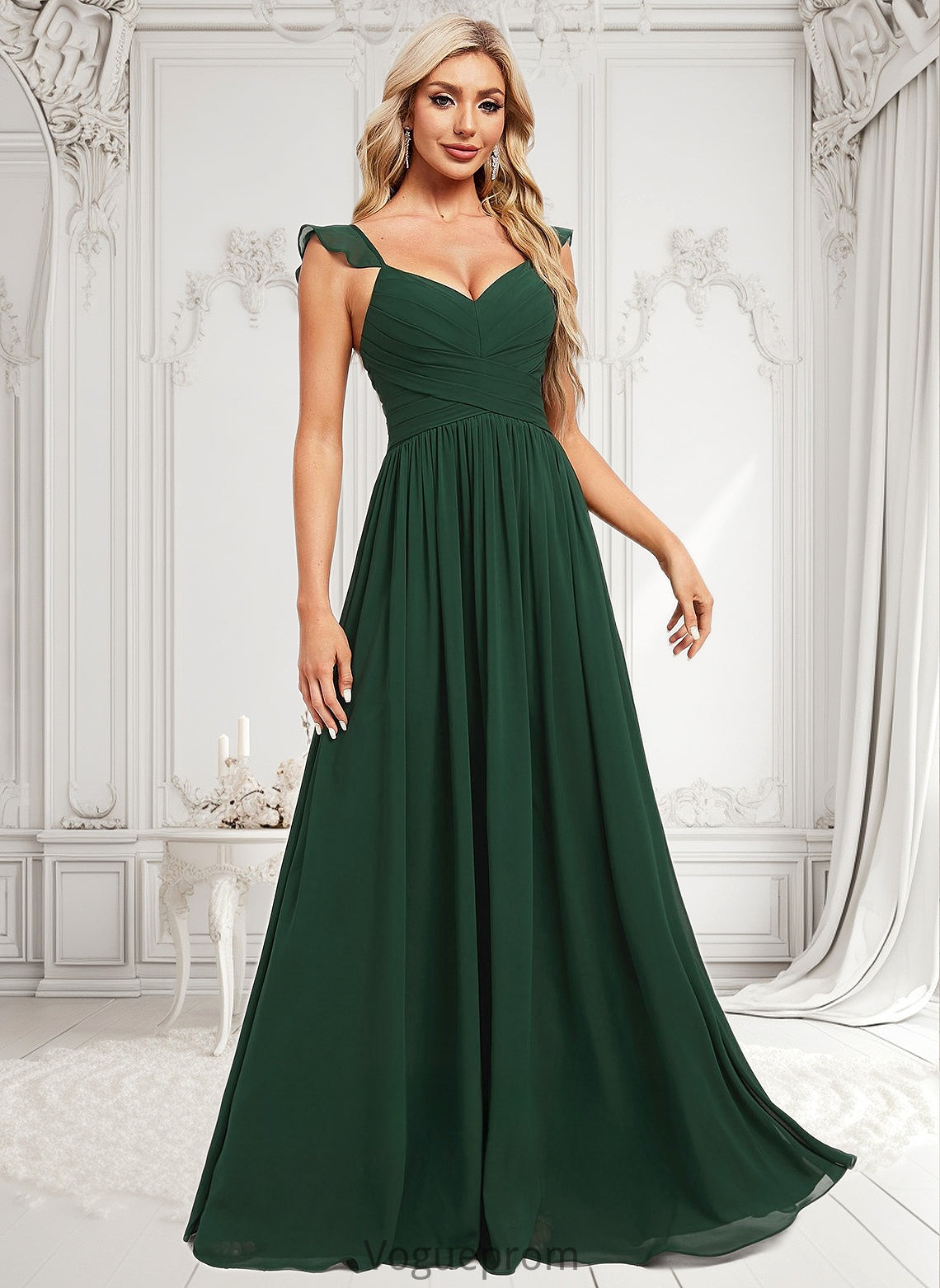 Monserrat A-line V-Neck Floor-Length Chiffon Bridesmaid Dress With Ruffle DKP0025811