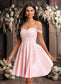 Avery A-line Off the Shoulder Short Satin Homecoming Dress With Rhinestone Beading Appliques Lace DKP0025679