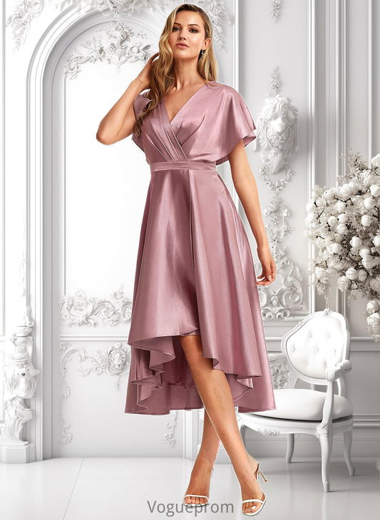 Mandy A-line V-Neck Asymmetrical Stretch Satin Bridesmaid Dress DKP0025752