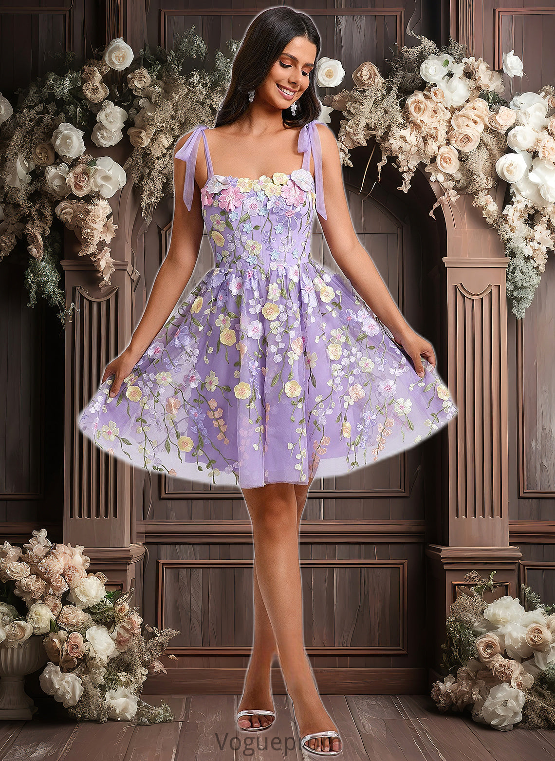 Jan A-line Scoop Short Floral Lace Homecoming Dress With Bow 3D Floral DKP0025695