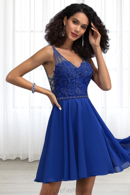 Summer A-line V-Neck Short/Mini Chiffon Lace Homecoming Dress With Beading DKP0020563