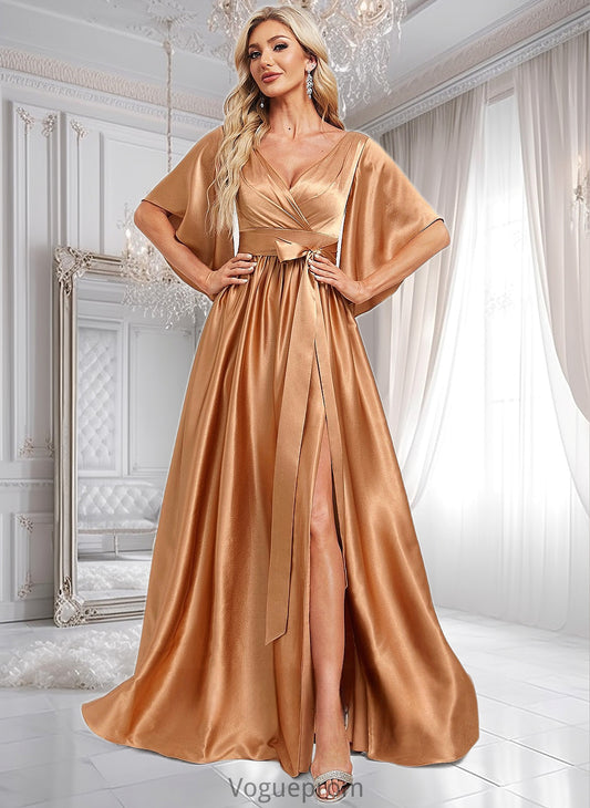 Juliana A-line V-Neck Floor-Length Stretch Satin Bridesmaid Dress DKP0025793